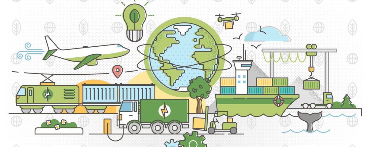 Eco-friendly logistics hub with electric trucks, solar panels, and wind turbines, representing green logistics, sustainable shipping, carbon-neutral logistics, and environmental compliance.